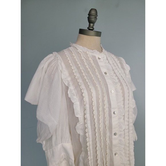Farm Rio Sz XS Ruffled Puff Sleeve Blouse Shell Buttons Lace White Dopamine Boho - Picture 3 of 6